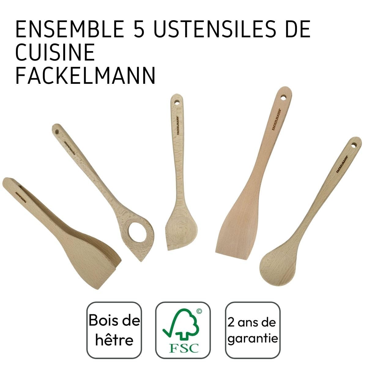Fackelmann 9990050 Küchenutensilien-Set, 5-teilig, Küchenzange, Risottolöffel, Reislöffel, Spachtel, Löffel, FSC-Holz, ca. 30 cm