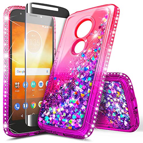 Moto E5 Play Case, Moto E5 Go/Moto E5 Cruise w/[Tempered Glass Screen Protector], NageBee Glitter Liquid Quicksand Waterfall Sparkle Diamond Cute Case for Motorola Moto E Play 5th Gen -Pink/Purple