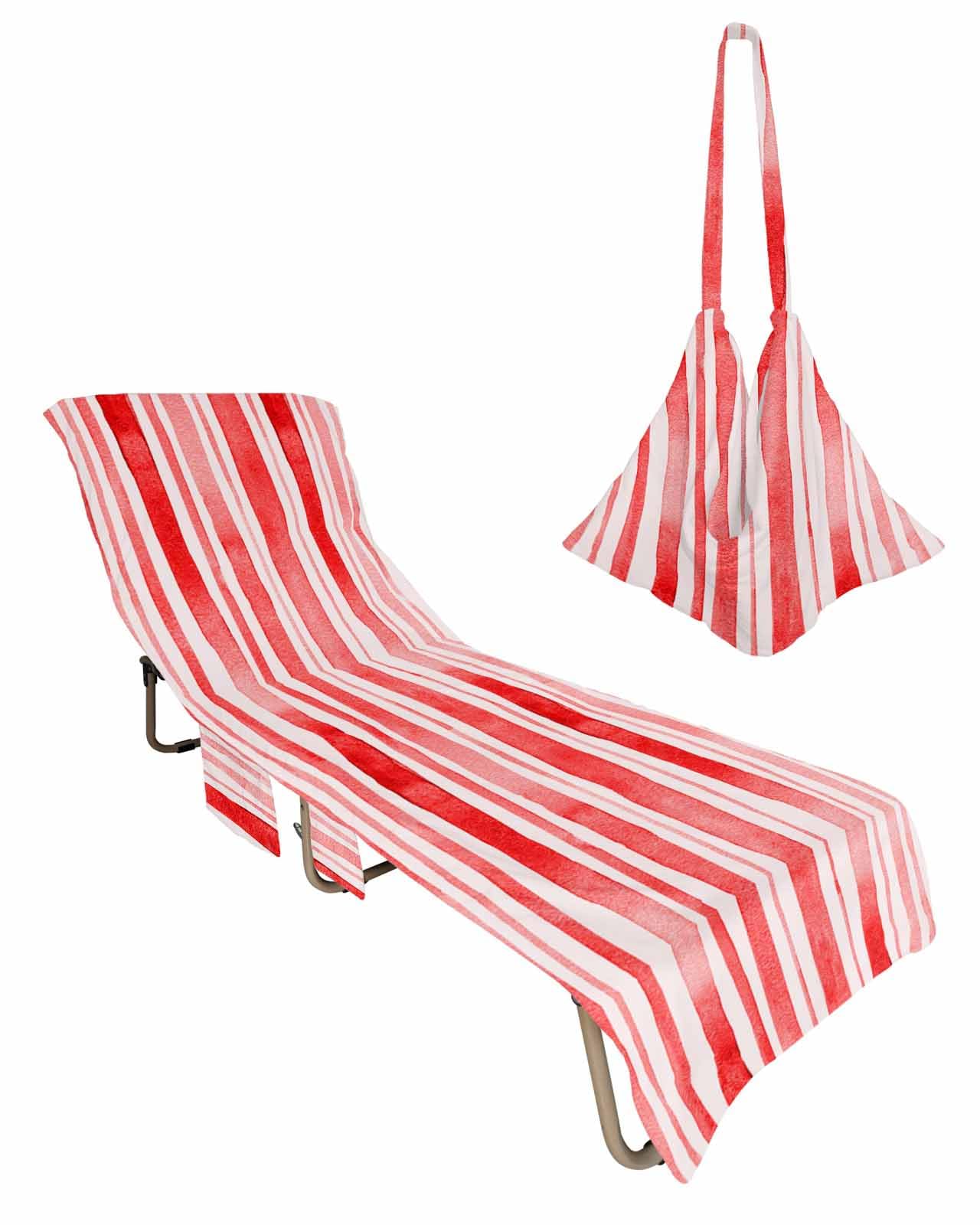 Red Striped Beach Lounge Chair Towel Cover, Soft Chaise Lounge Towel with Side Pockets Patio Pool Chairs Cover for Beach/Pool Sunbathing 29x85 Watercolor Red White Stripes