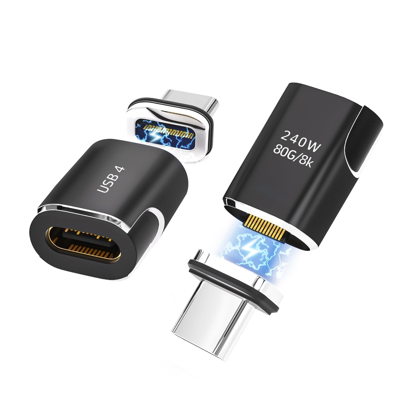 Adattatore Magnetico USB-C - 2 PACK Spinotto Magnetico Tipo C 240W 24 Pin con Velocità di Trasferimento 80 Gbps, Compatibile per iPhone 15/16/17 Pro/Max, iPad, MacBook, Galaxy S24 S23 - Nero