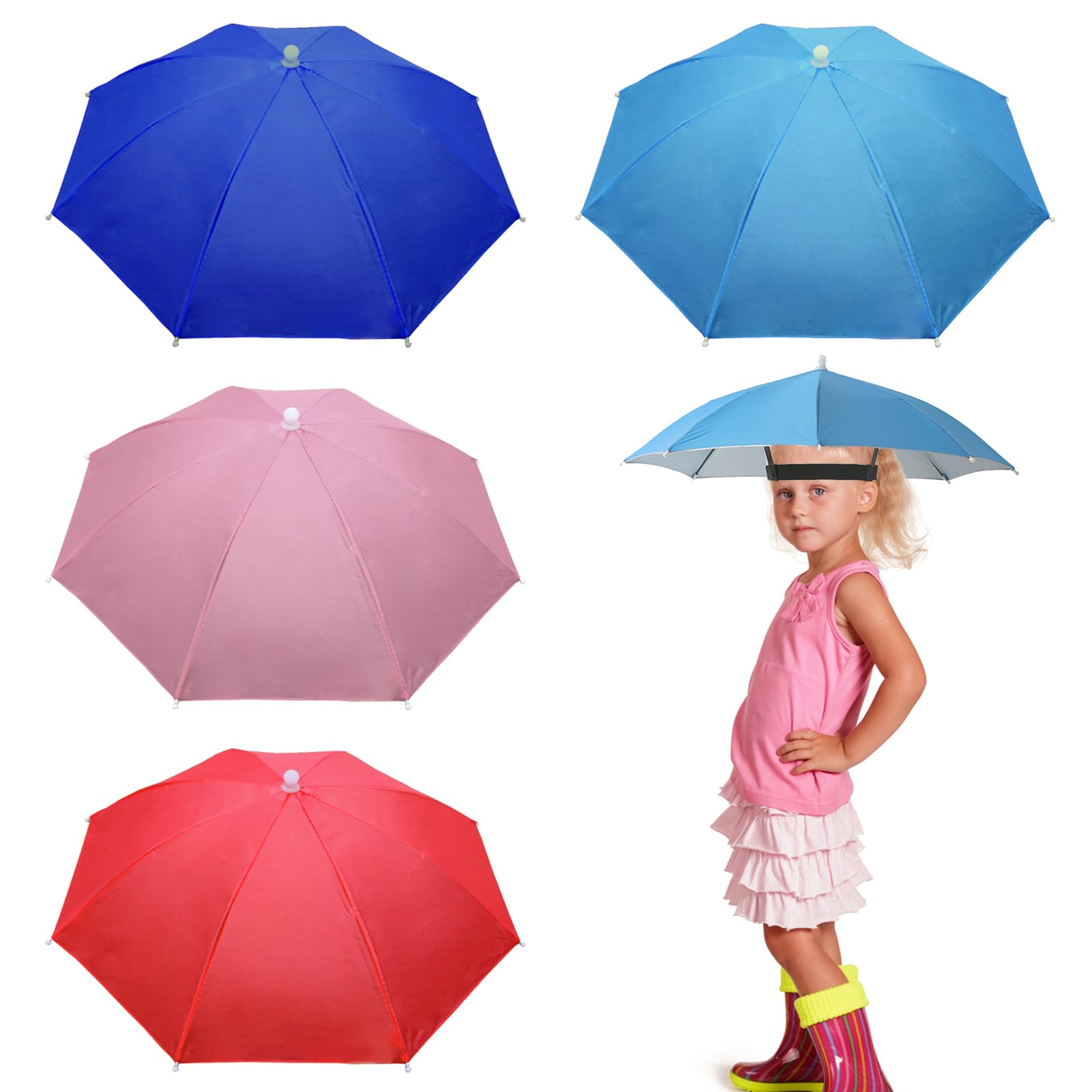 MUFEKUM 4 Pack 20.5" Hands-Free Head Umbrella Hats for Kids, Multicolor Folding Waterproof Umbrella Cap With Head Strap for Outdoor Party, Fishing,