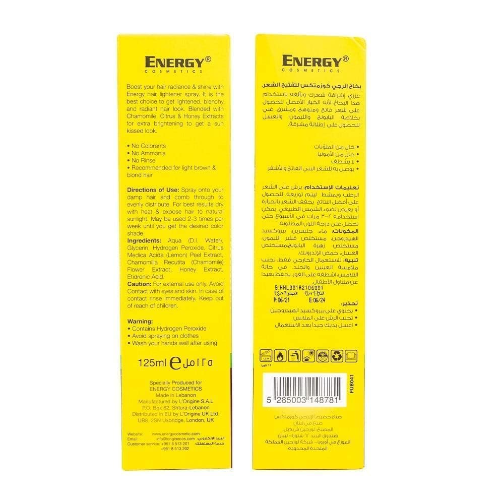 Energy Cosmetics Sunshiny Hair Lightener Spray Blended With Chamomile, Citrus & Honey Extracts, Boost Your Radiance & Shine, Suitable For All Hair Types, 125ml