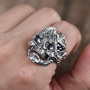 Punk 925 Sterling Silver Black Skull Ring with Dragons Gothic Punk 925 Sterling Silver Black Skull Ring with Dragons Gothic