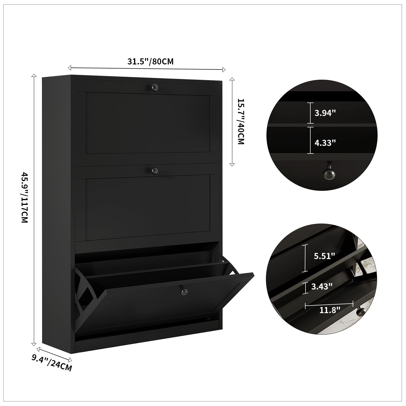 VOWNER Zapatero Estrecho Mueble Zapatero 80x24x116cm (Negro) | con 3 Puertas Abatibles, Madera para Entrada, Recibidor & Pasillo