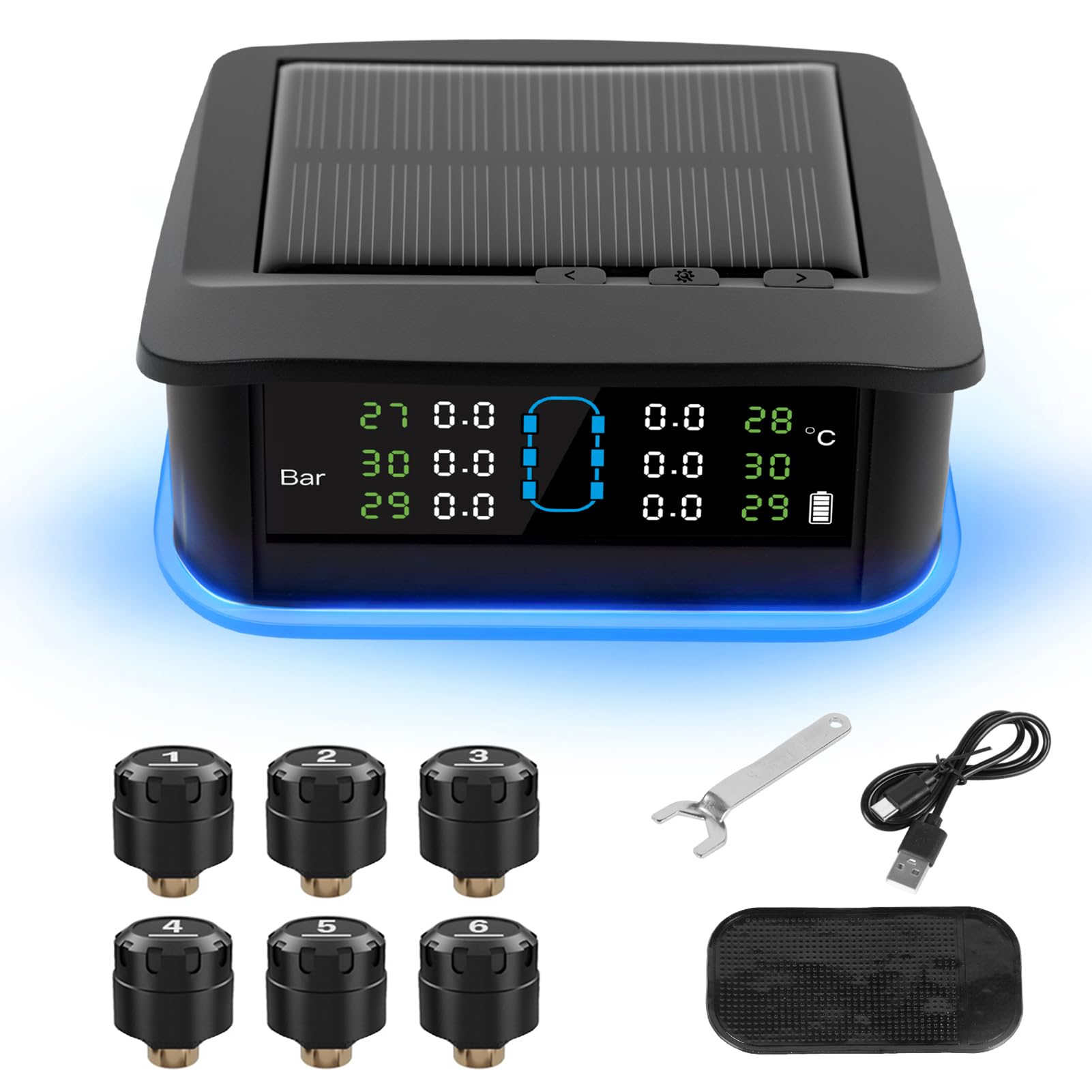 Keenso di Monitoraggio della Pressione dei Pneumatici, TPMS Solare con 6 Sensori Esterni, Retroilluminazione a Due Colori Blu Rosso, Visualizzazione in Tempo Reale per, Camion,