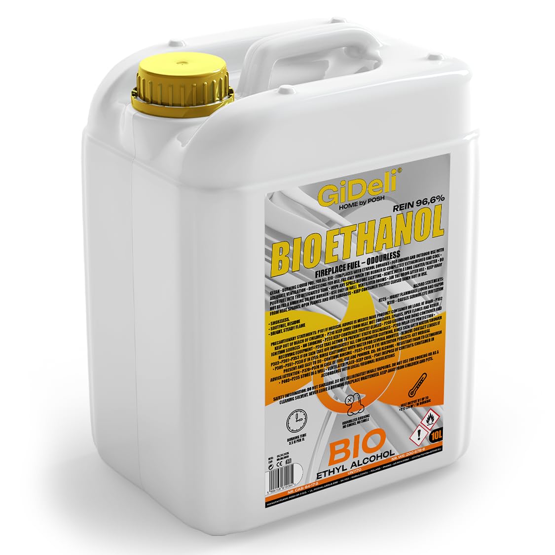 GiDeli Bioetanol - 10 l de etanol 96,6% de alcohol orgánico sin olor, para chimeneas interiores y exteriores