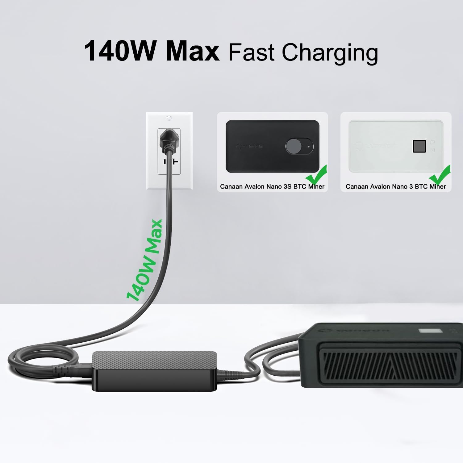 HKY 28V 5A 140W USB C Charger for Avalon Nano 3 BTC Bitcoin Miner & New Canaan Avalon Nano 3S Bitcoin Miner Replacement Canaan 140W PSU TP14A1 PD3.1 GaN 140Watt USB-C Power Adapter Supply Cord Plug