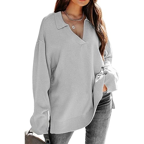 LILLUSORY Womens V Neck Collared Oversized Fall Sweater 2023 Sexy Long Sleeve Knit Pullover Tunic Sweaters Top