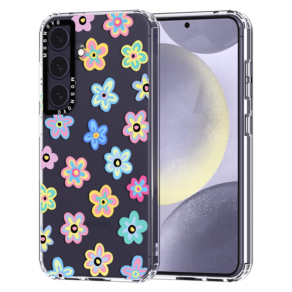 MOSNOVO Case for Samsung Galaxy S24 Plus, [Buffertech 6.6ft Military-Grade Drop Protection] [Anti Peel Off Tech] Clear TPU Bumper Phone Case Cover Design - Groovy Flower
