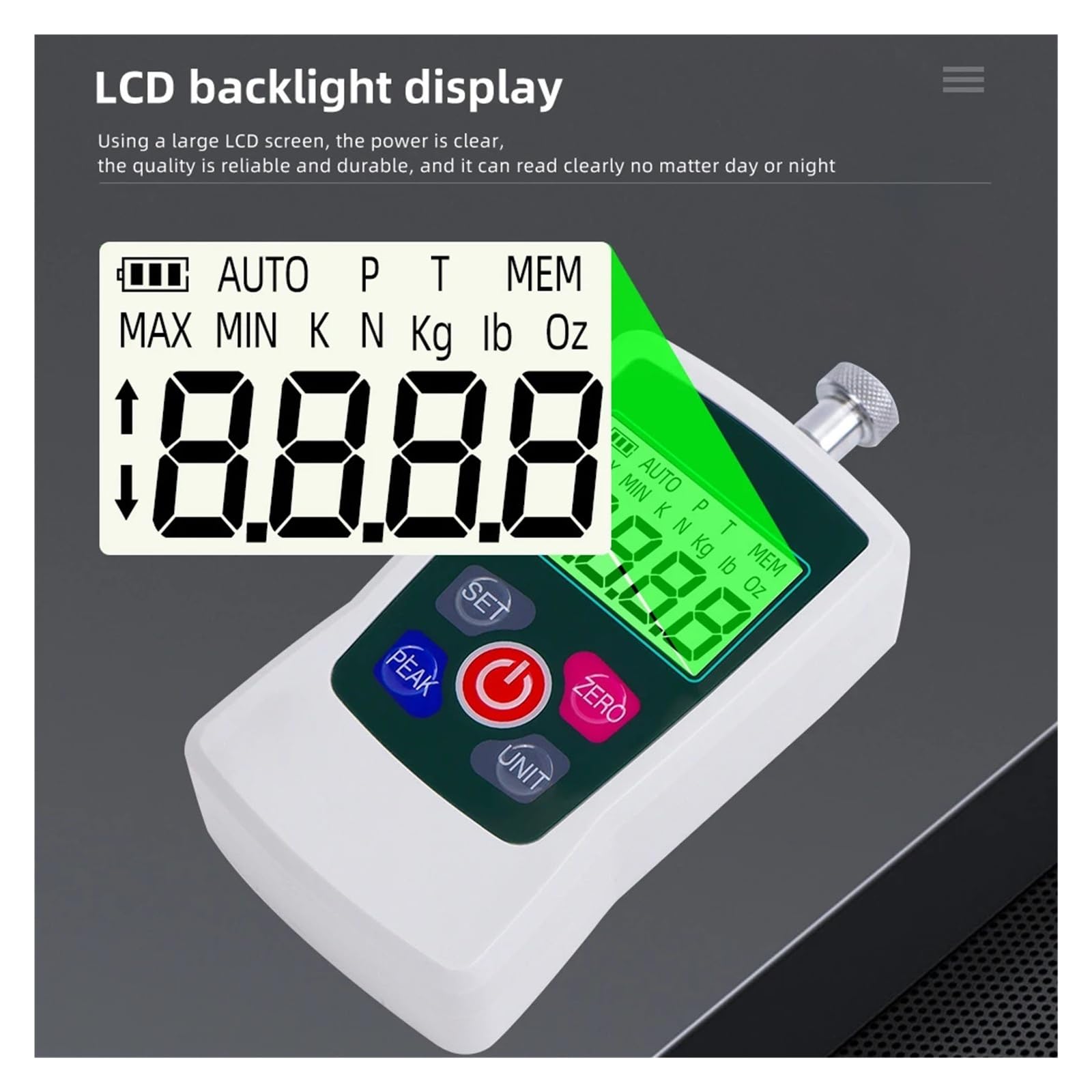 Dinamómetro electrónico digital de fuerza de empuje de 500 N con pantalla LCD retroiluminada automática y medidor de presión de alta precisión Varias pruebas(10N)