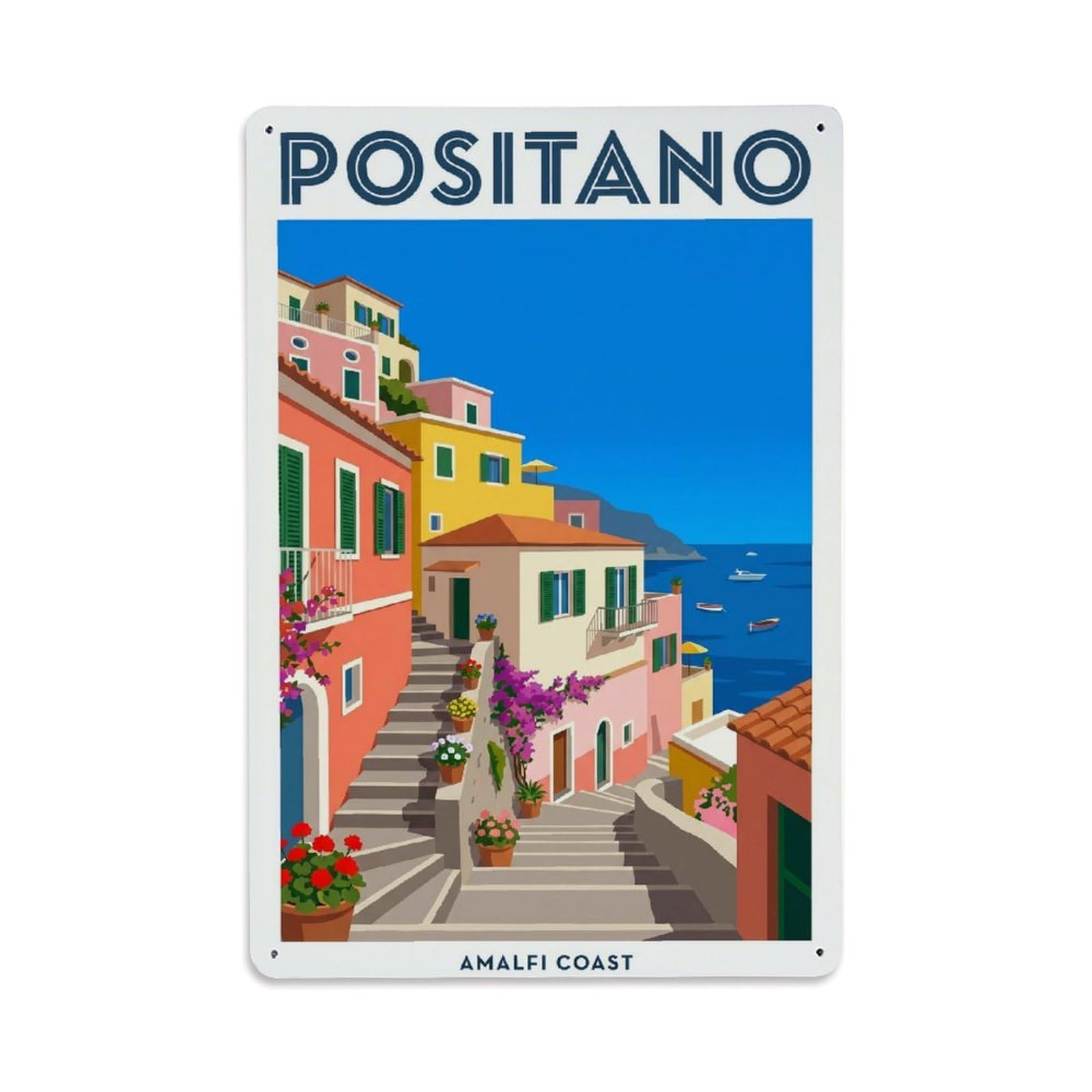 Vintage Travel Positano Italy Noon Metal Tin Sign Plaque Wall Decor for Cafe, Club Bar, Office, Garden Metal Poster 8x12Inch