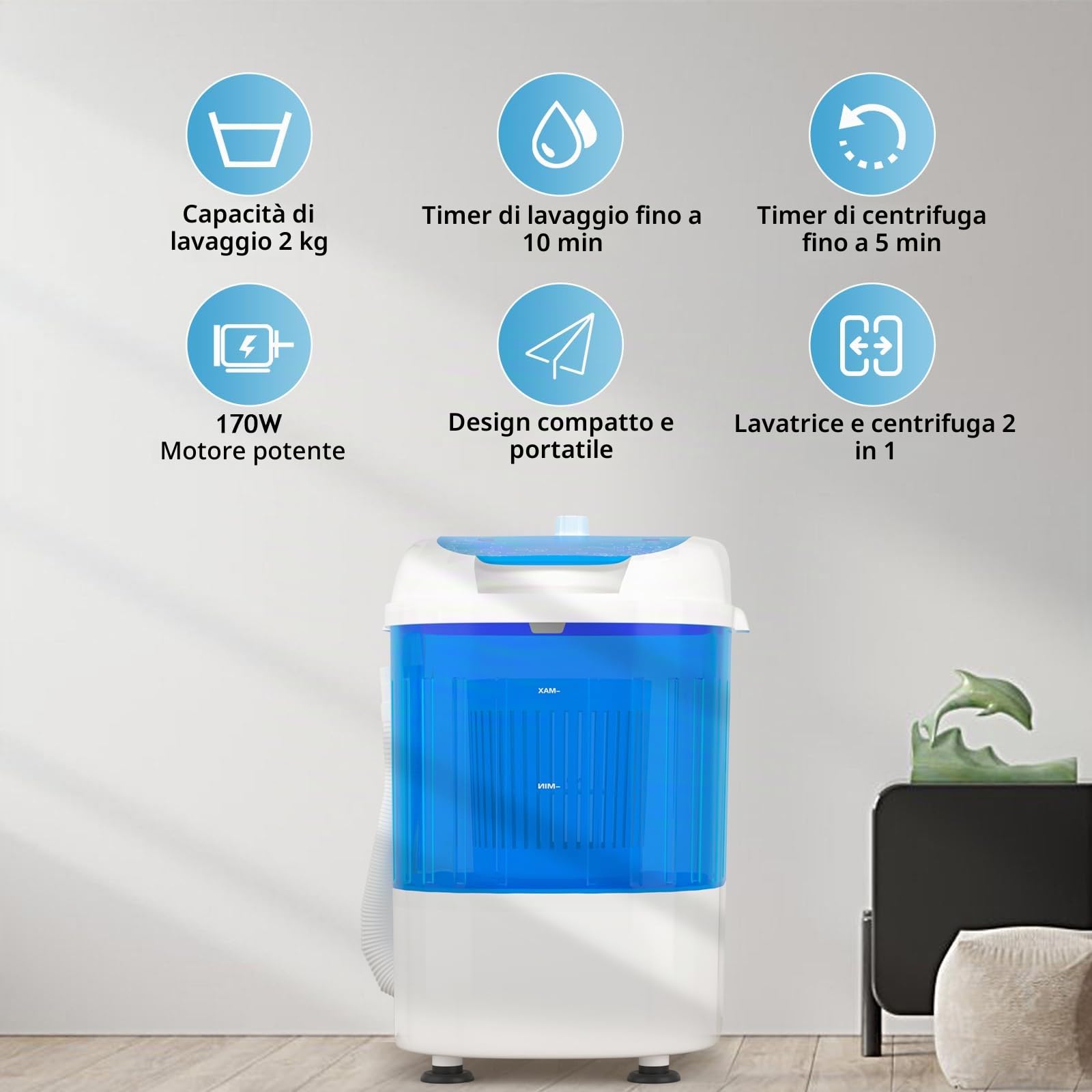 SOARS Mini lavatrice con centrifuga, lavatrice da campeggio fino a 2 kg, 170 W, con tubo di scarico, lavatrice toploader, 36 x 34 x 51 cm