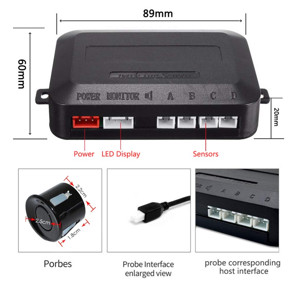 Capteurs de Stationnement de Voiture,Radar de Recul Voiture Inverse Arrière 4 Capteurs Kit Audio Buzzer Alarme Affichage LED, DC 12V, Car Parking Sensors,Noir