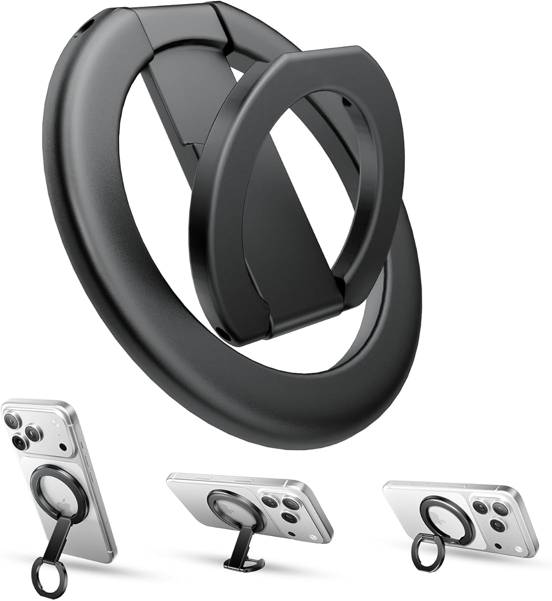 tounee Double-Sided Magnetic Phone Ring Holder Compatible with MagSafe, N52 Strong Magnet Grip & Foldable Kickstand for Gym Rack, Fridge, Fits iPhone 17 16 15 14 Pro Max (Black)