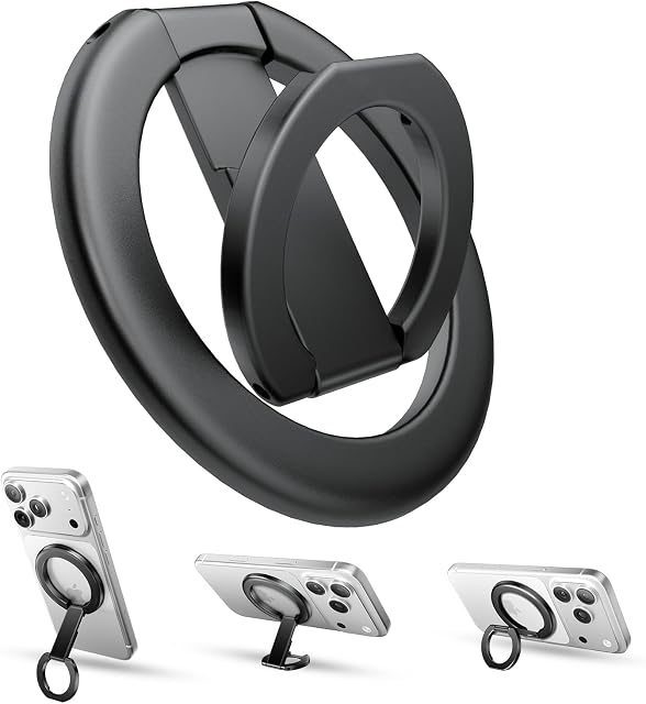 Tounee Dual-Sided Magnetic Phone Ring Grip Holder for MagSafe, 360° Rotation Magnet Cell Phone Finger Ring Holder Stand Kickstand, Mag Safe Accessories for iPhone 17 16 15 14 Air Pro Max Plus - Black