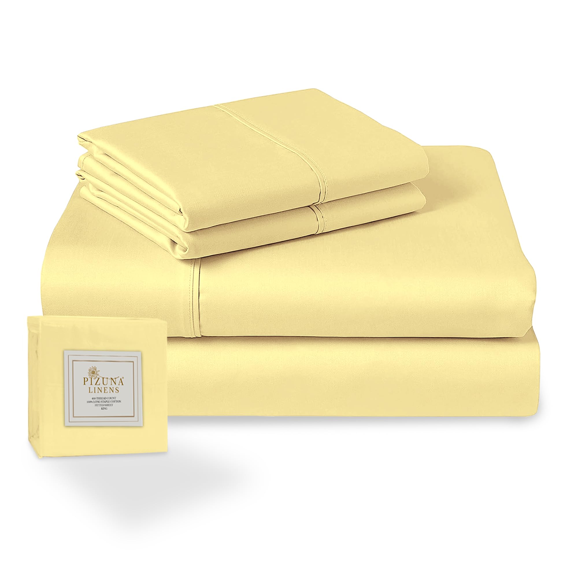 Pizuna Set lenzuola letto king size Cotone 160x200 cm Giallo Morbido, 400 fili con trama Sateen in 100% Cotone a fiocco lungo Completo lenzuola con 1 lenzuolo con angoli, 1 lenzuolo sopra, 2 federe