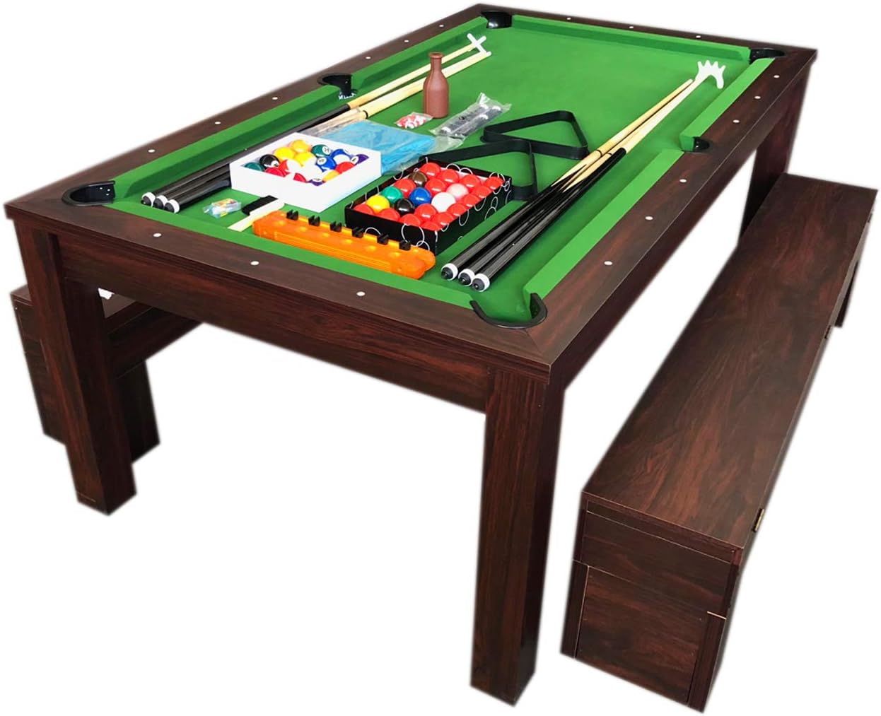 7 Ft Green Pool Table Billiard Indoor with coverage plan and container Benches