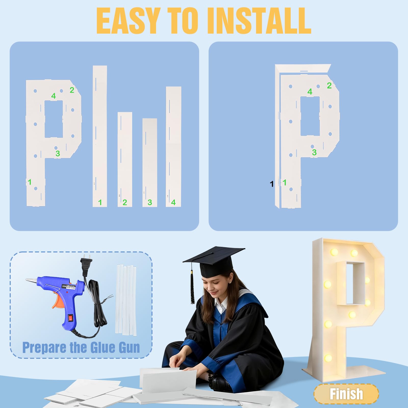 Froova Lettres de chapiteau de bal de promo de 91 cm pour décorations de remise de diplôme 2026, pistolet à colle chaude, lettres lumineuses, cadre en carton prédécoupé pour classe de 2026, diplômé de