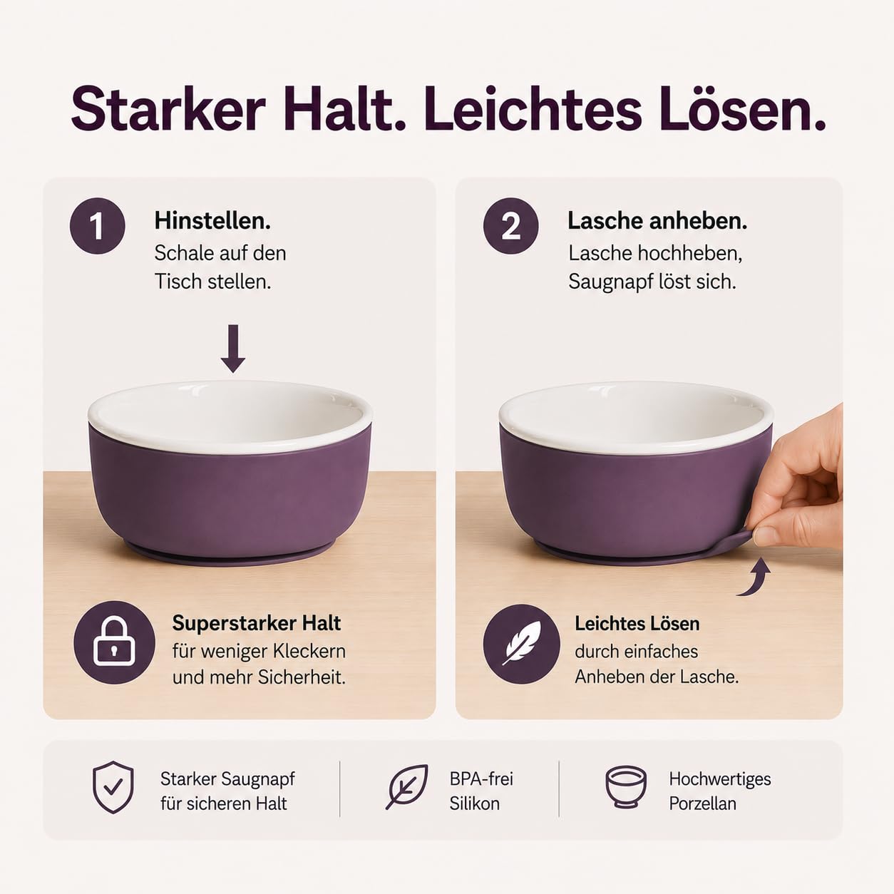 Set aus 1 x Kinderschüssel/Babyschüssel und 1 x segmentiertem Kinderteller (lila); Porzellan mit Schutz aus Sillikon und Saugnäpfen; ideal auch für Camping, Wohnmobil und Boot