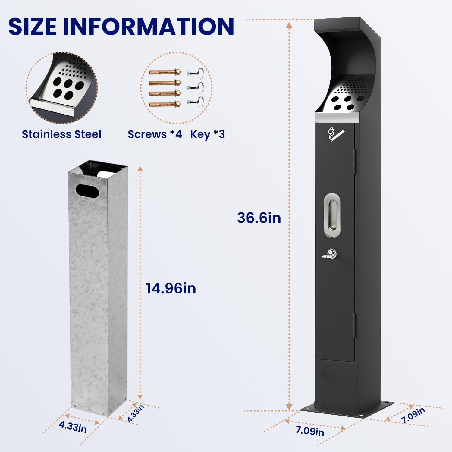 Commercial Standing Trash Can, Outdoor Trash Bin with Lock & Removable Inner Bucket Outside Receptacle Stainless Steel Garbage Can Container for Hotels Restaurants Bars Office Park Street