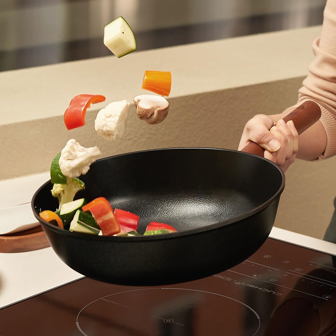 Aluminum Body Flat Bottom Wok, Restaurant & Business Grade Fry Pan Titanium Coated Non-Stick Surface, Wooden Handle, Made in Korea, Deep Large Skillet, Black(17.91"L x 11.22"W x 3.15"H)