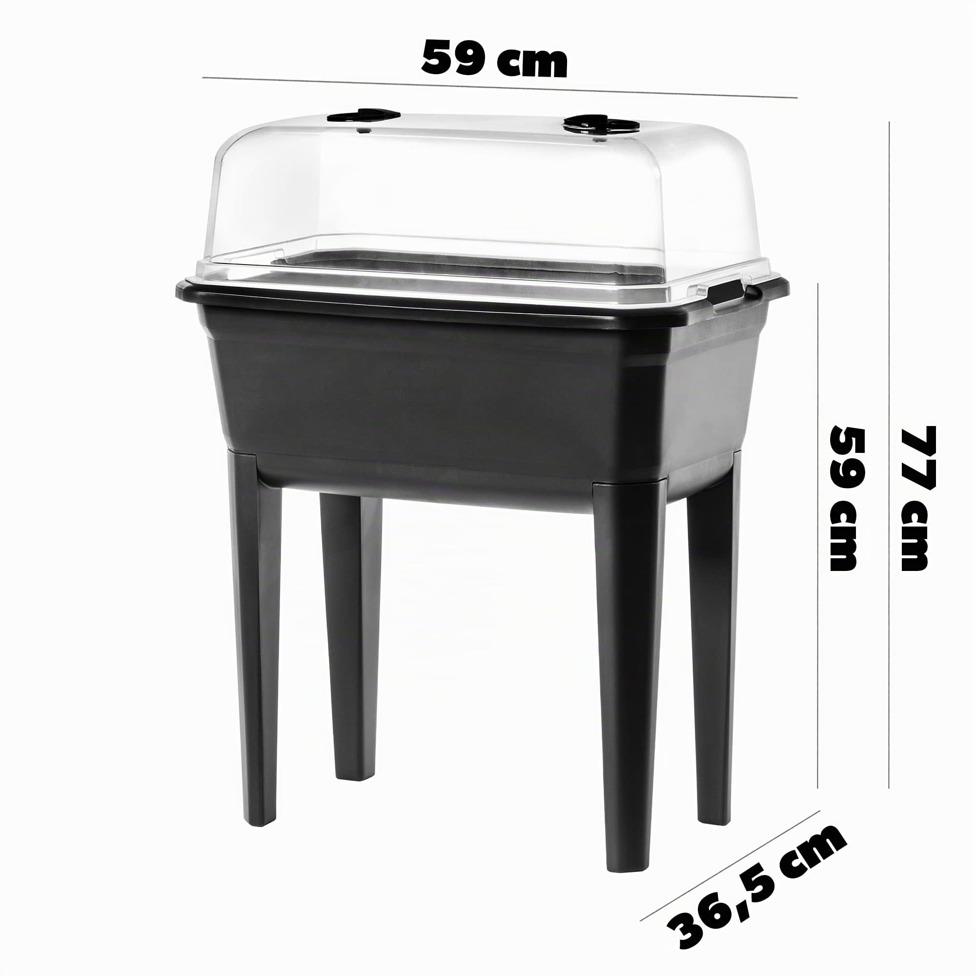 KADAX Gewächshaus auf Beinen, 30L aus Kunststoff, Anzuchttopf mit Abdeckung mit Lüftungsöffnungen, Kräuterbeet für Balkon Garten und Terrasse (Kunststoff 60cm, Anthrazit)