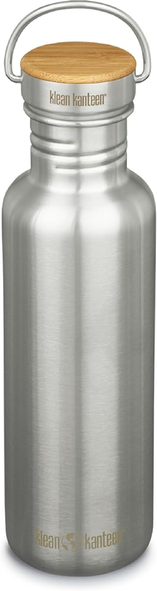 Klean Kanteen 27 oz Reflect Water Bottle with Bamboo Cap - Reusable Water Bottle - BPA-Free - Made with Stainless Steel & Food-Grade Silicone - Brushed Stainless, 27 oz