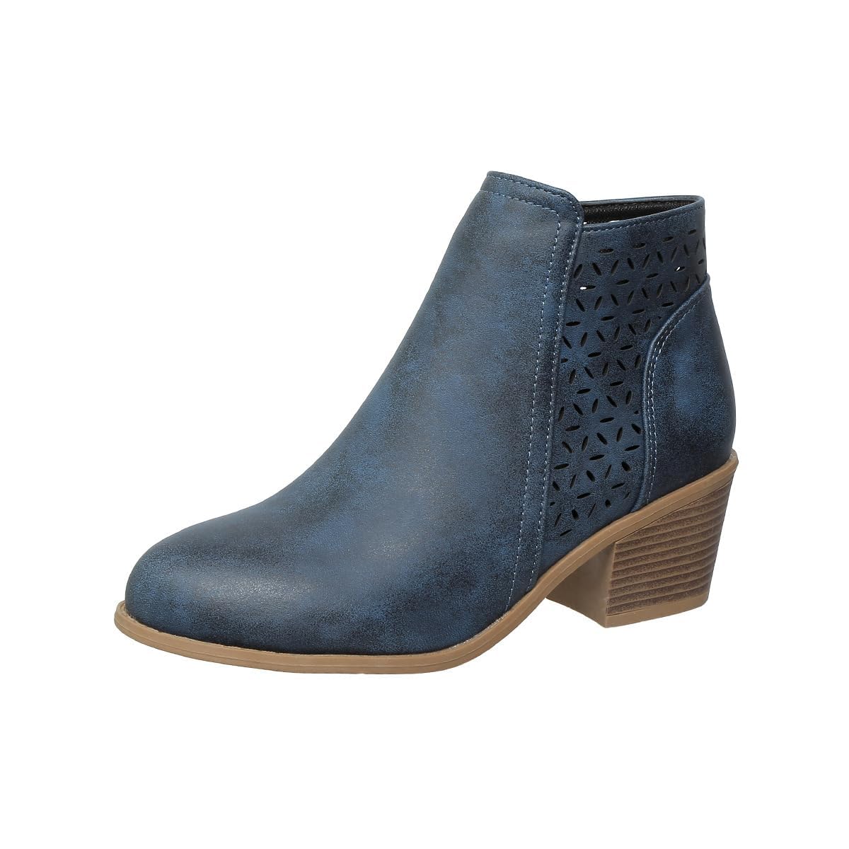 Leather Cutout Ankle Boots for Women Fashion Pointed Toe Side Zipper Comfort Low Heel Short Booties for Casual