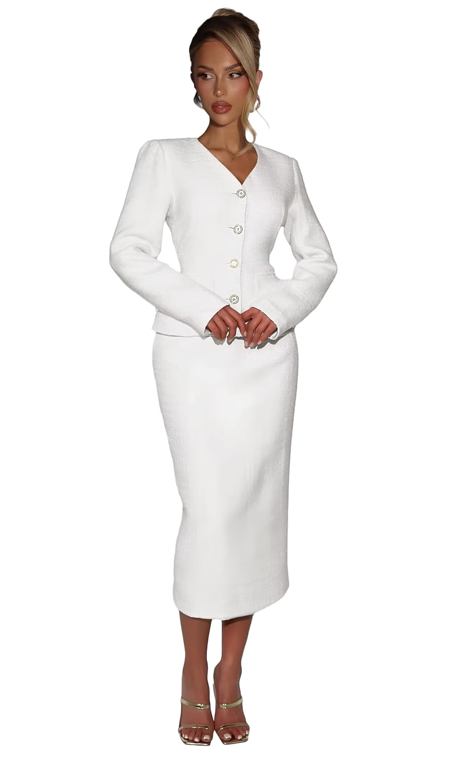 Tweed Womens Skirt Suit 2 Piece Set Business Dressy Pencil Skirt V Neck Women Dress Suits