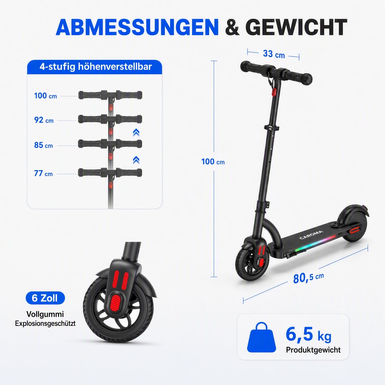 Caroma Trottinette électrique pour Enfants de 6 à 12 Ans, avec Moteur de 150 W, 3 Vitesses jusqu'à 16 km/h, lumière LED, Hauteur réglable, portée de 10 km, Cadeau pour garçons et Filles