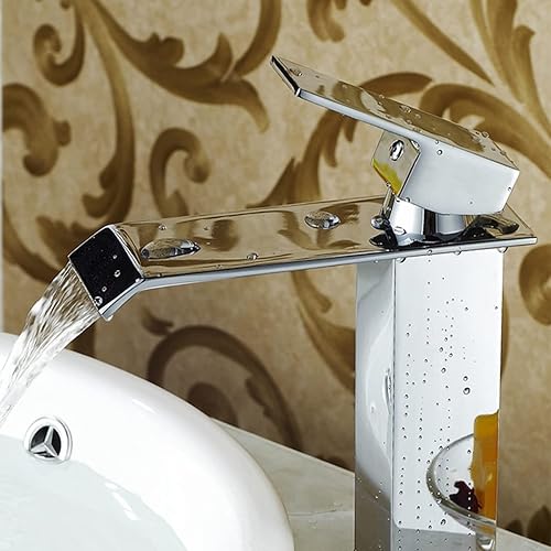 Miniatura 6 de Grifo de baño cromado, cascada, cuenco de fregadero de un agujero, grifo alto de una sola manija, grifos de baño con montaje de drenaje, tocador