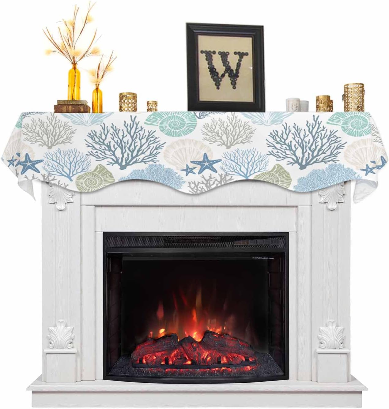 Nautical Coastal Mantle Scarf for Fireplace, Ocean Beach Seashell Starfish Themed Fireplace Cover Decorations Marine Underwater Mantel Top Scarf Runner for Home Living Room Holiday Party, 17 x 70 Inch