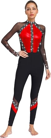 Shinsto Womens Shiny Rhinestone Full Body Suits One Piece Jumpsuits | Long Sleeve Unitard Dance Costume,Keyhole Back Full Body Catsuit Acrobatics Figure Skating Bodysuit,Roller Skating Jumpsuit
