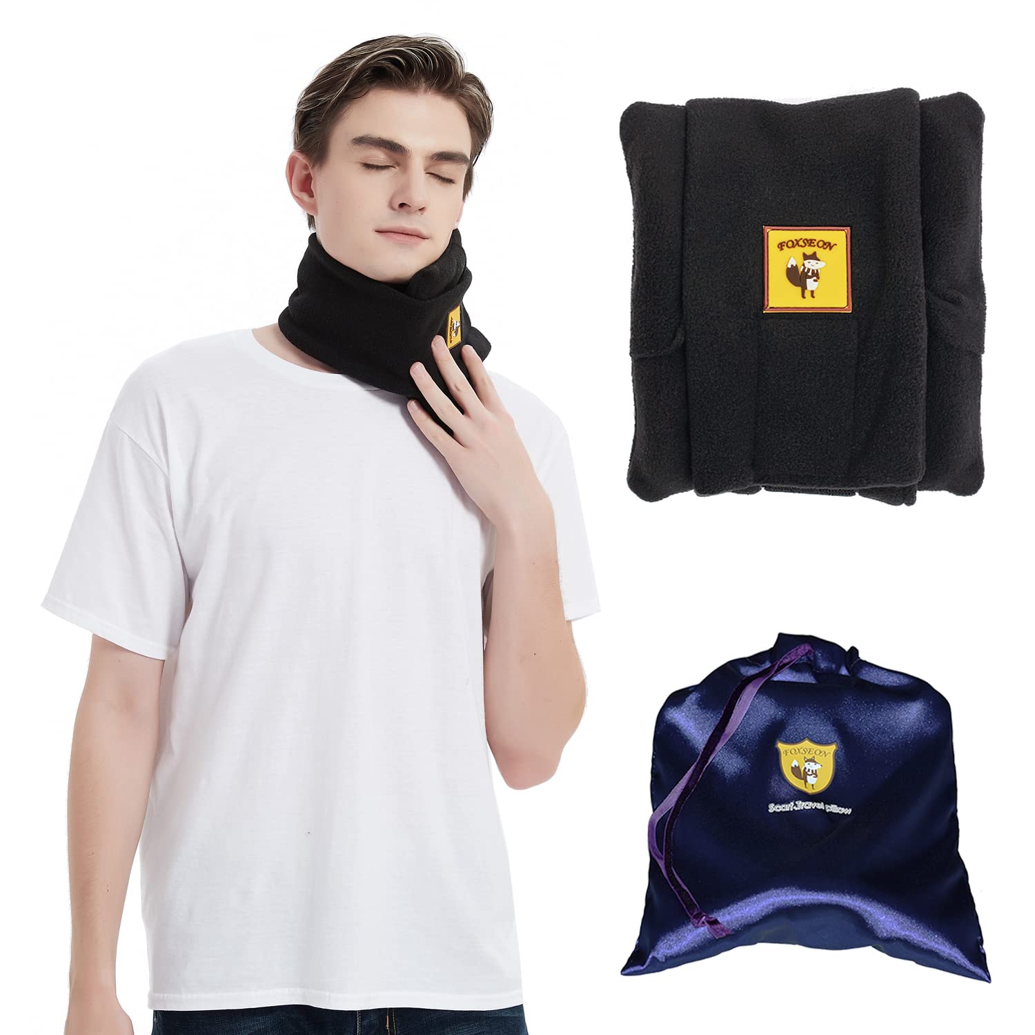 FOXSEONFOXSEON Travel Pillow,Support Neck Pillow with Scarf,Airplane car or Office nap Pillow,Easy to Clean and Carry, with Luxury Storage Bag(Black)