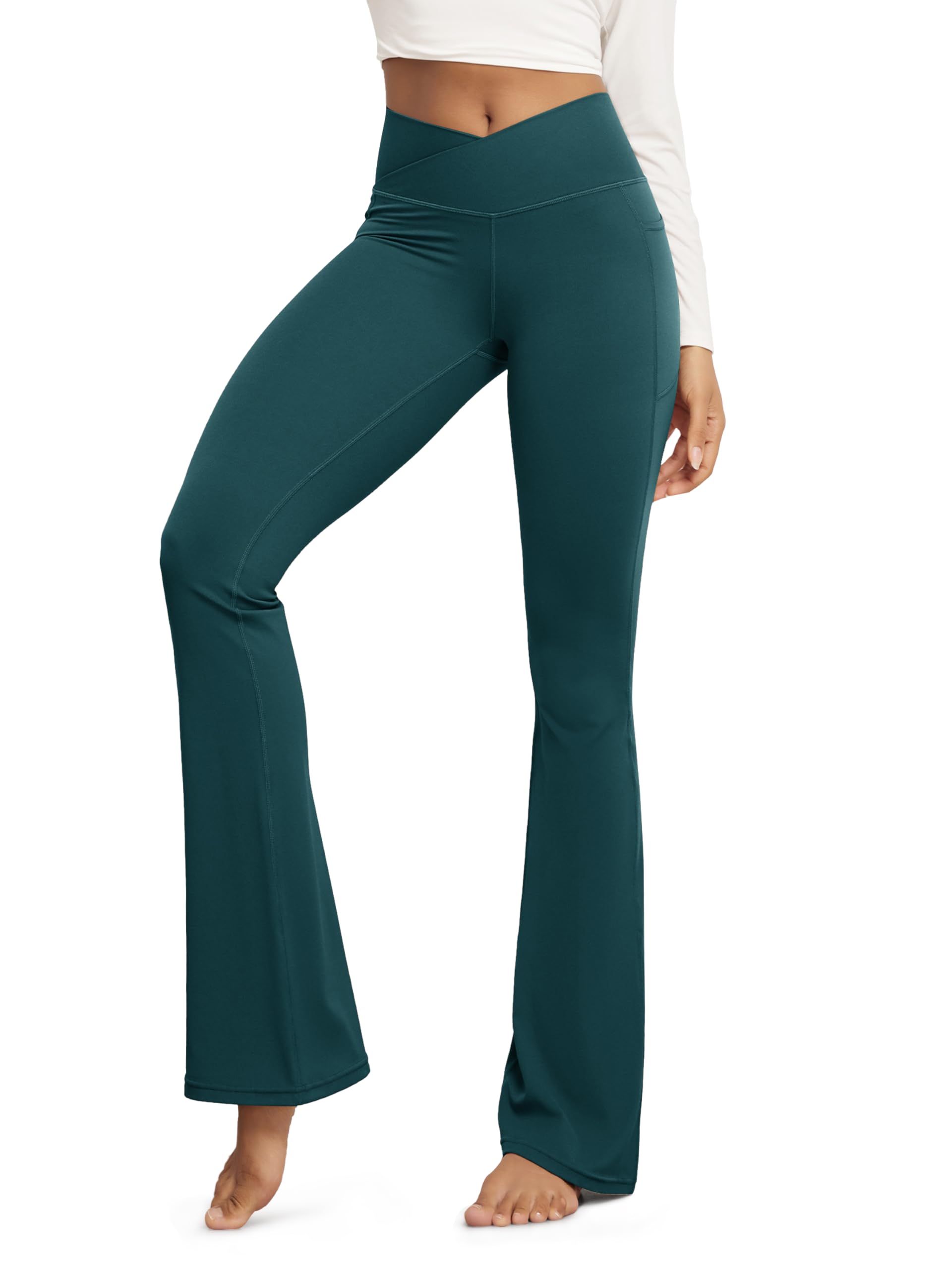 ODODOS Cloud Feeling Crossover Flared Pants with Pockets for Women, Cross Waist Bootcut Lounge Yoga Pants- 30" / 32" Inseam