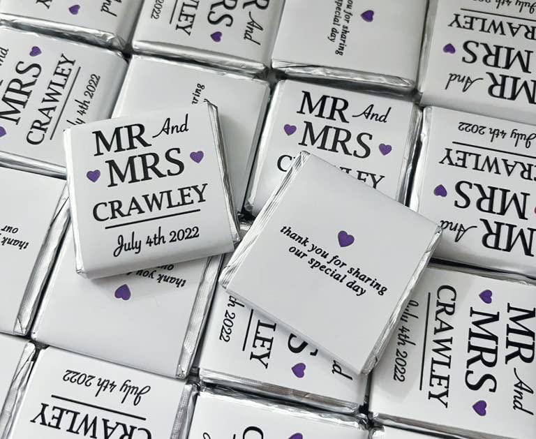 100 Personalised Wedding Milk Chocolate Squares Favours Purple Hearts - MR & MRS