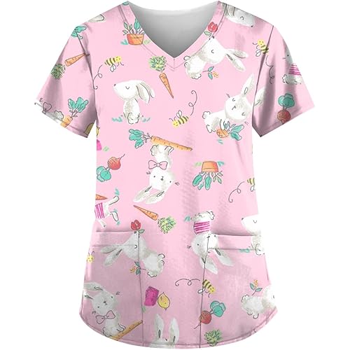 Women's Animal Printed Scrub Tops Plus Size V-Neck T Shirts Workwear Nurse Uniform Tee with Pockets