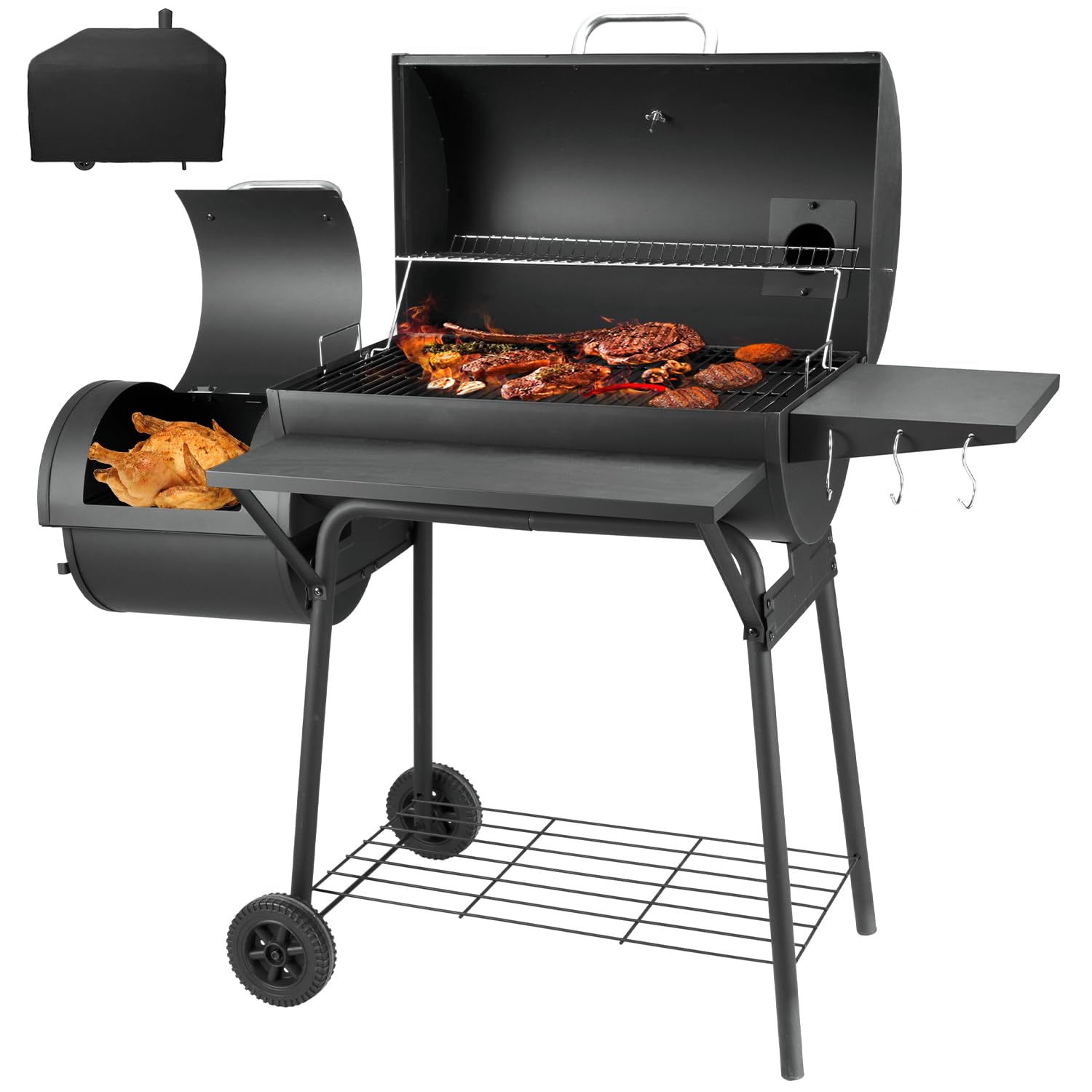 Kendane Charcoal BBQ Grill with Offset Smoker - Charcoal Barbecue Large Oil Drum Barbecue Barrel Grill for Outdoor Garden