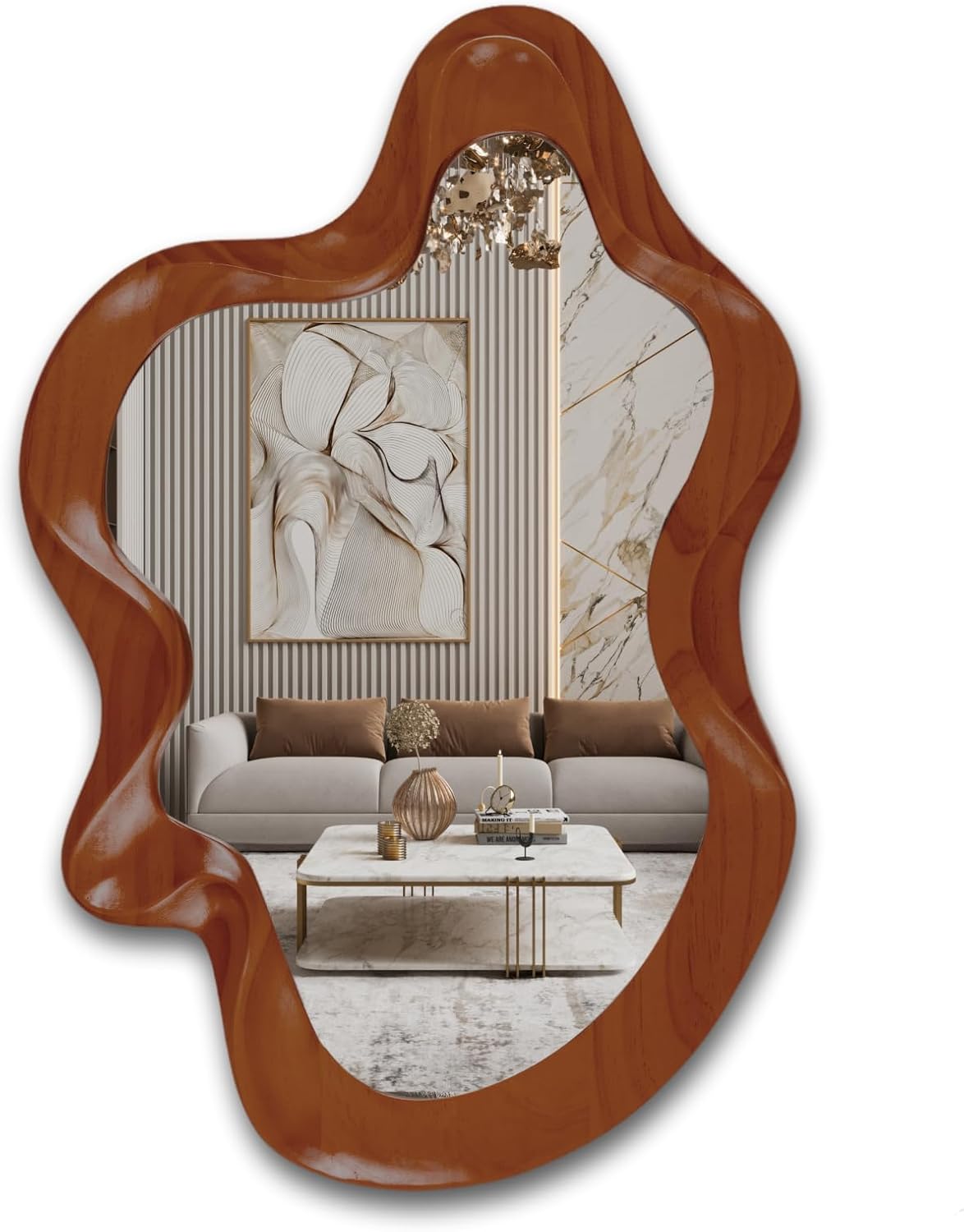 32x 21 Irregular Wall Mirror, Walnut Wooden Framed Asymmetrical Wall Mirror for Living Room Bedroom Entryway Bathroom Modern Decorative Hanging Hooks
