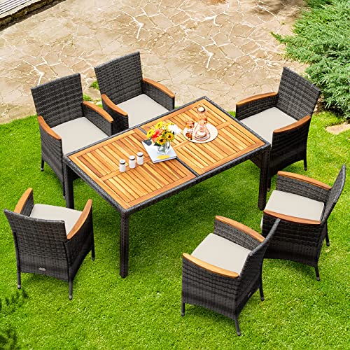 Tangkula 7 Pieces Outdoor Dining Furniture Set, Patio Rattan Conversation Set With Spacious Acacia Wood Table, 6 Chairs With Widened Armrests, Non-Slip Foot Pads, Suitable For Backyard Poolside (Grey) #TOP3