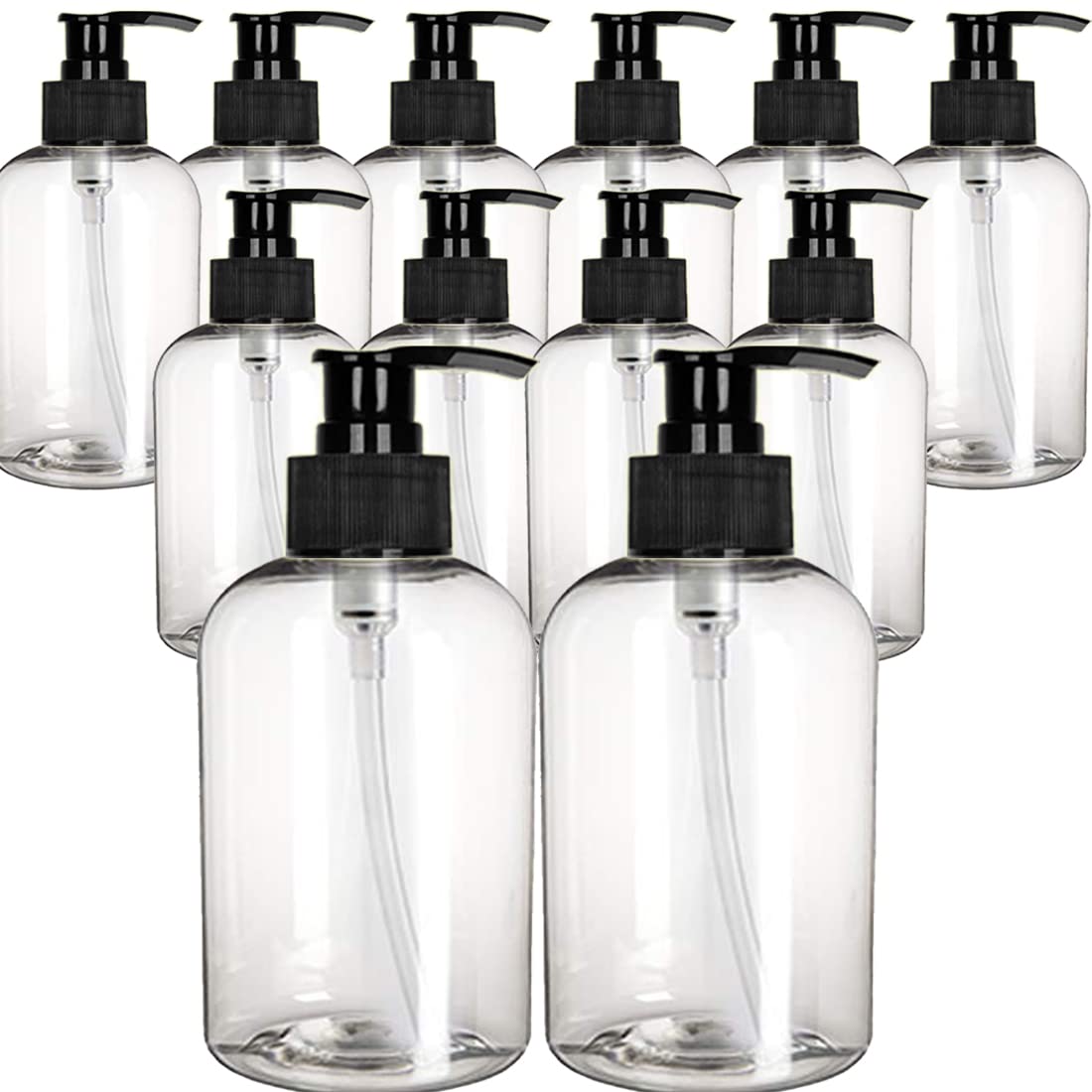 EZPRO USAEmpty Soap Dispenser Bottles, 12 pack 450ML (16 oz) Refillable-cosmetic-pump-dispensers, Clear Glossy PET Plastic, Round Base, BPA Free, Includes 12 Black Pumps