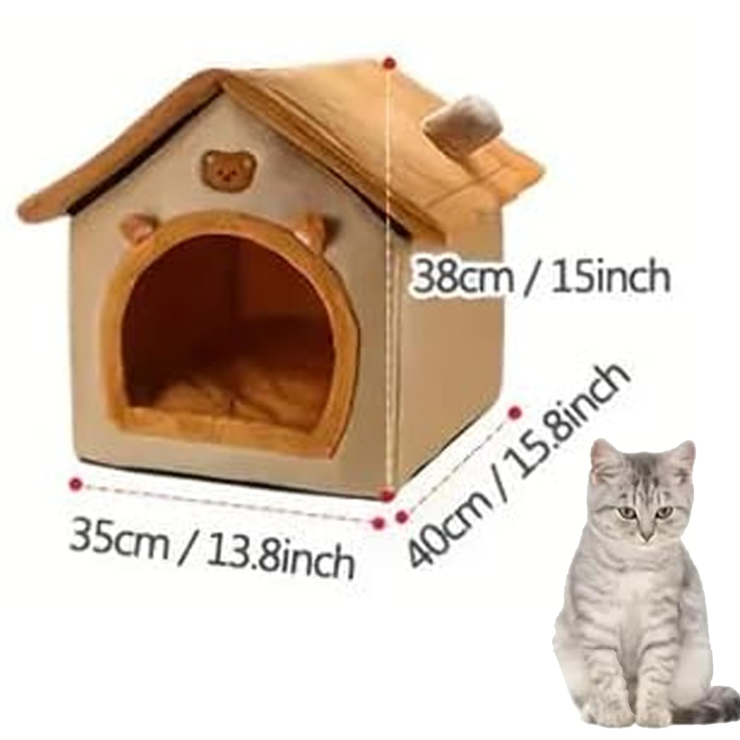 لينجي سرير للقطط في الاماكن المغلقة، منزل قطط كبير قابل للطي مع بساط، سرير قطط ناعم ومريح وقابل للغسل والفصل، مناسب للقطط والكلاب والحيوانات الاليفة الصغيرة والمتوسطة الحجم (بني، 40×35×38 سم)