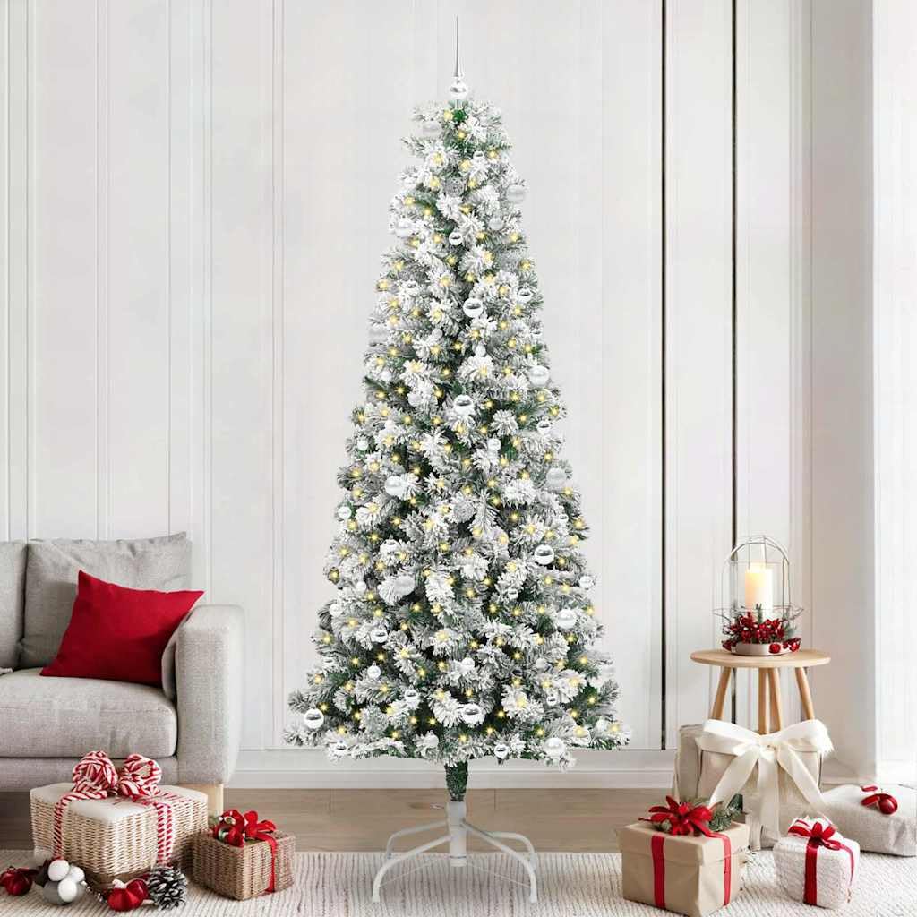 Sztuczna składana choinka, zielono-biała, wysokość 240 cm, z 952 końcówkami PCW, 300 ciepłych białych diod LED, zasilana przez USB, do użytku wewnątrz i na zewnątrz