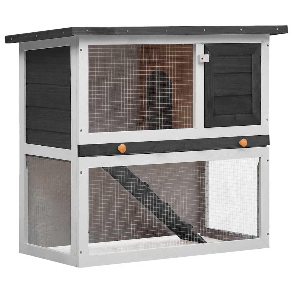 Kaninchenstall Holz Kleintierstall Grau Weiß Hasenstall mit Rampe und ausziehbarer Schublade Kleintierkäfig zweistöckig für Hasen Meerschweinchen Outdoor Indoor 90x45x80 cm
