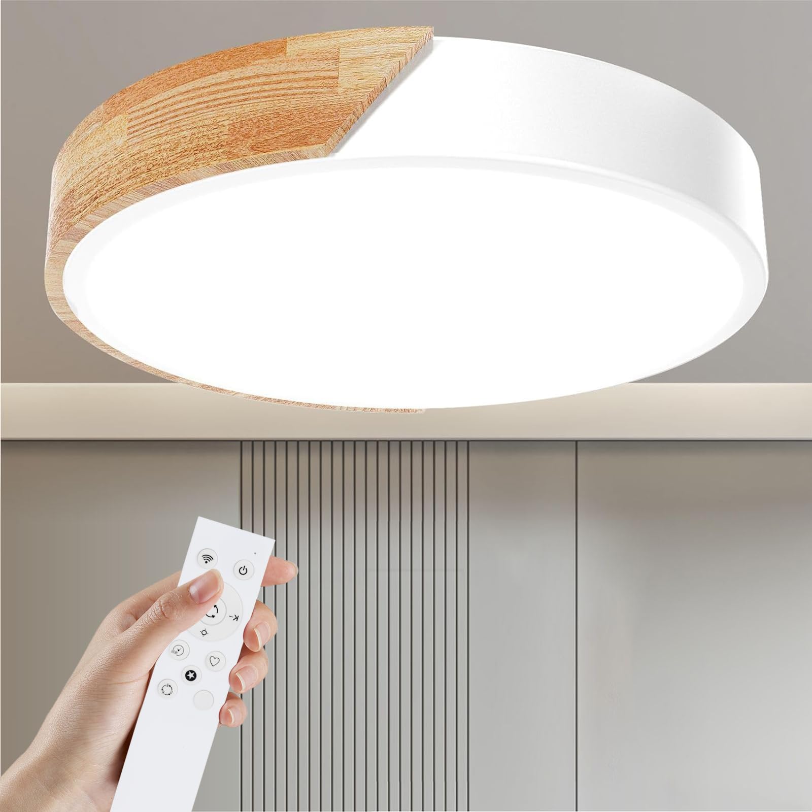 Yexati Lámpara de Techo Regulable,24W Plafon LED Techo con Mando a Distancia,3000K-6000K,Lampara LED Techo Modernos de Madera,Blanco
