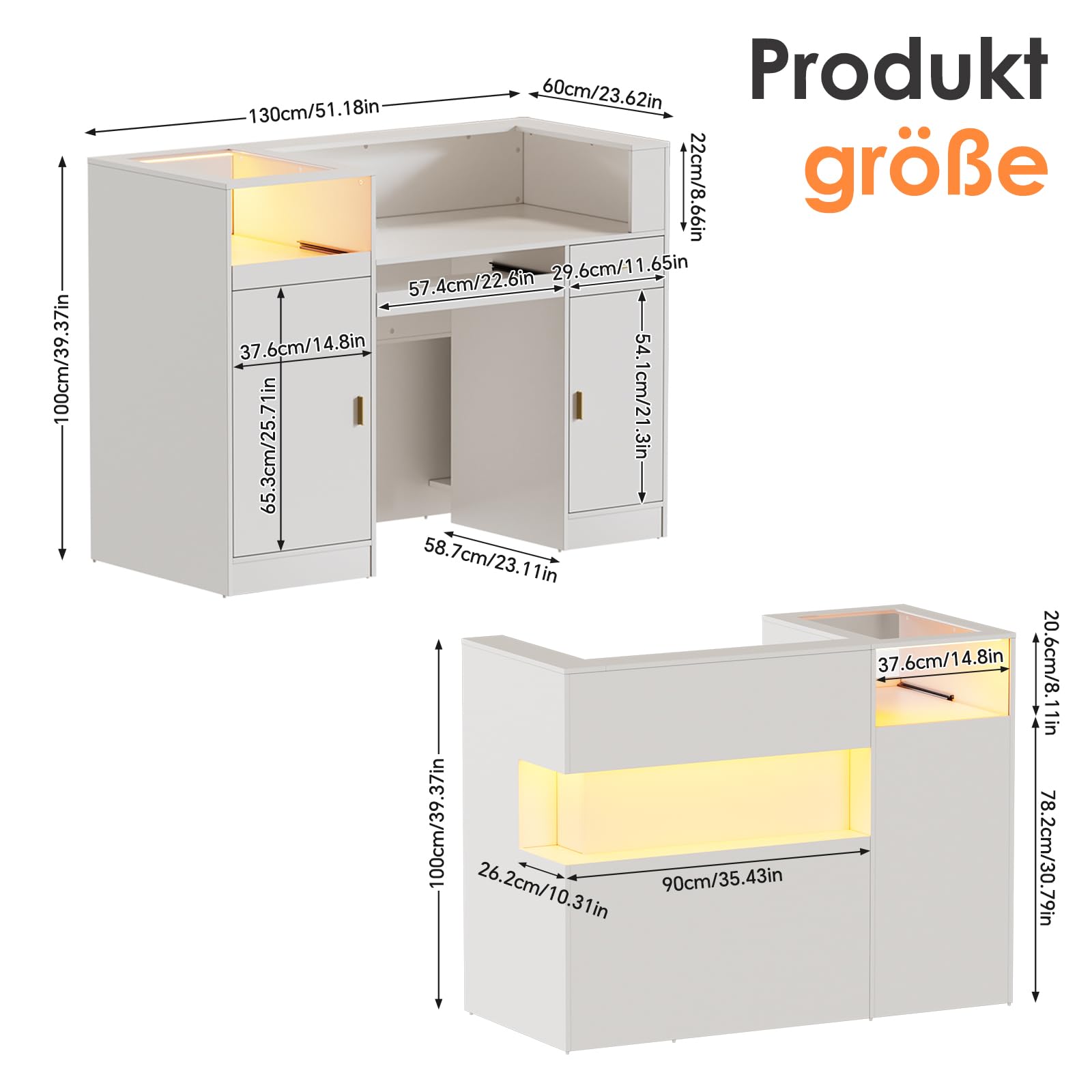 Empfangstheke mit LED Große Rezeptionstresen mit Glasvitrine Tastaturhalter Schubladen und Stauraum Rezeptionstheke Geräumig Empfangstresen für Salon Geschäft Hotel Büro Kosmetikstudio 130x60x100CM