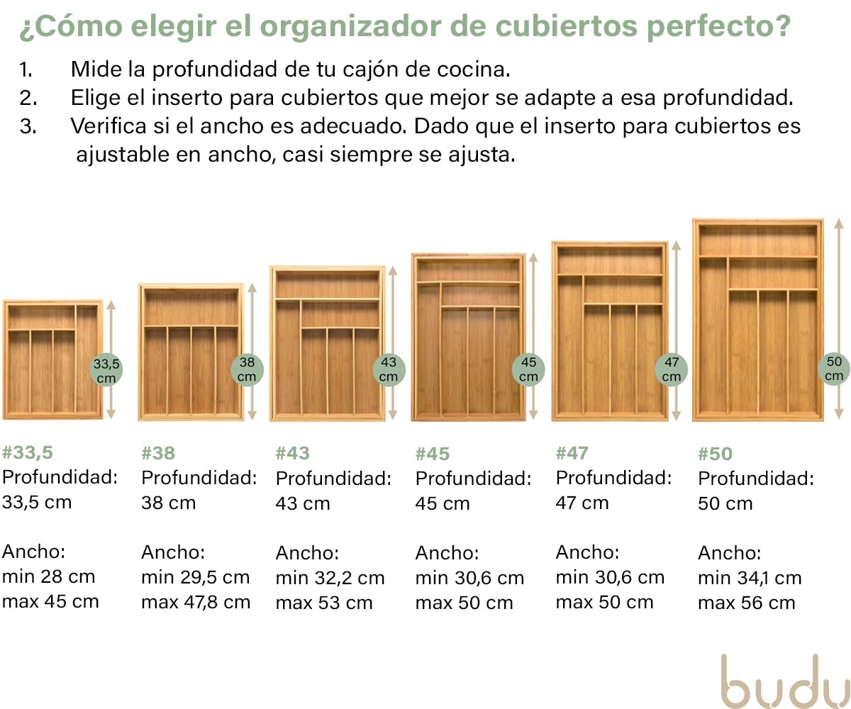 budu Organizador de Cubiertos #47 (profundidad 47 cm) de Bambú, Bandeja para Cubiertos Extensible, Cubertero Ajustable para Cajón