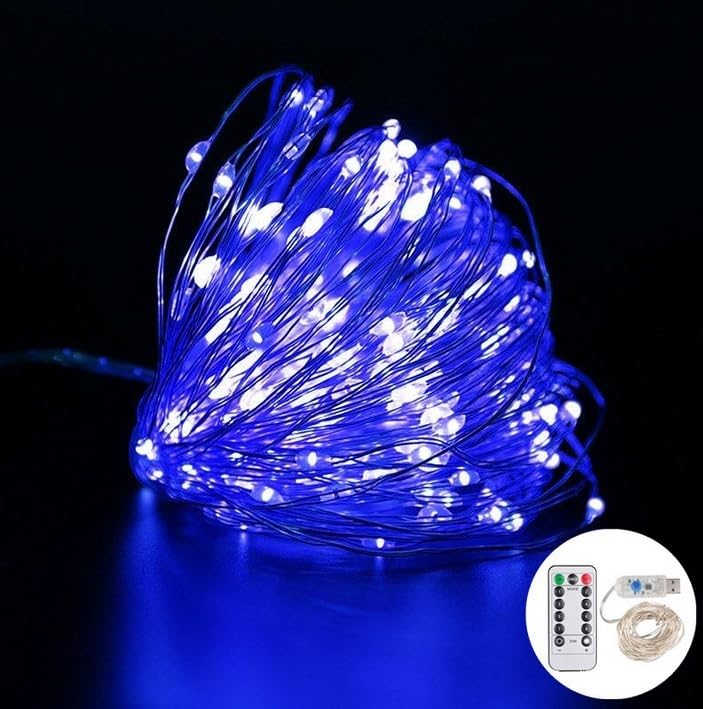 Volunx USB Fairy Lights Blue 2/5/10m Copper USB Plug in, String Light 8 Modes Copper Wire String Lights Remote Timer, Twinkle Firefly Bedroom Party Night Room Decorations Xmas (10m / 100LED)