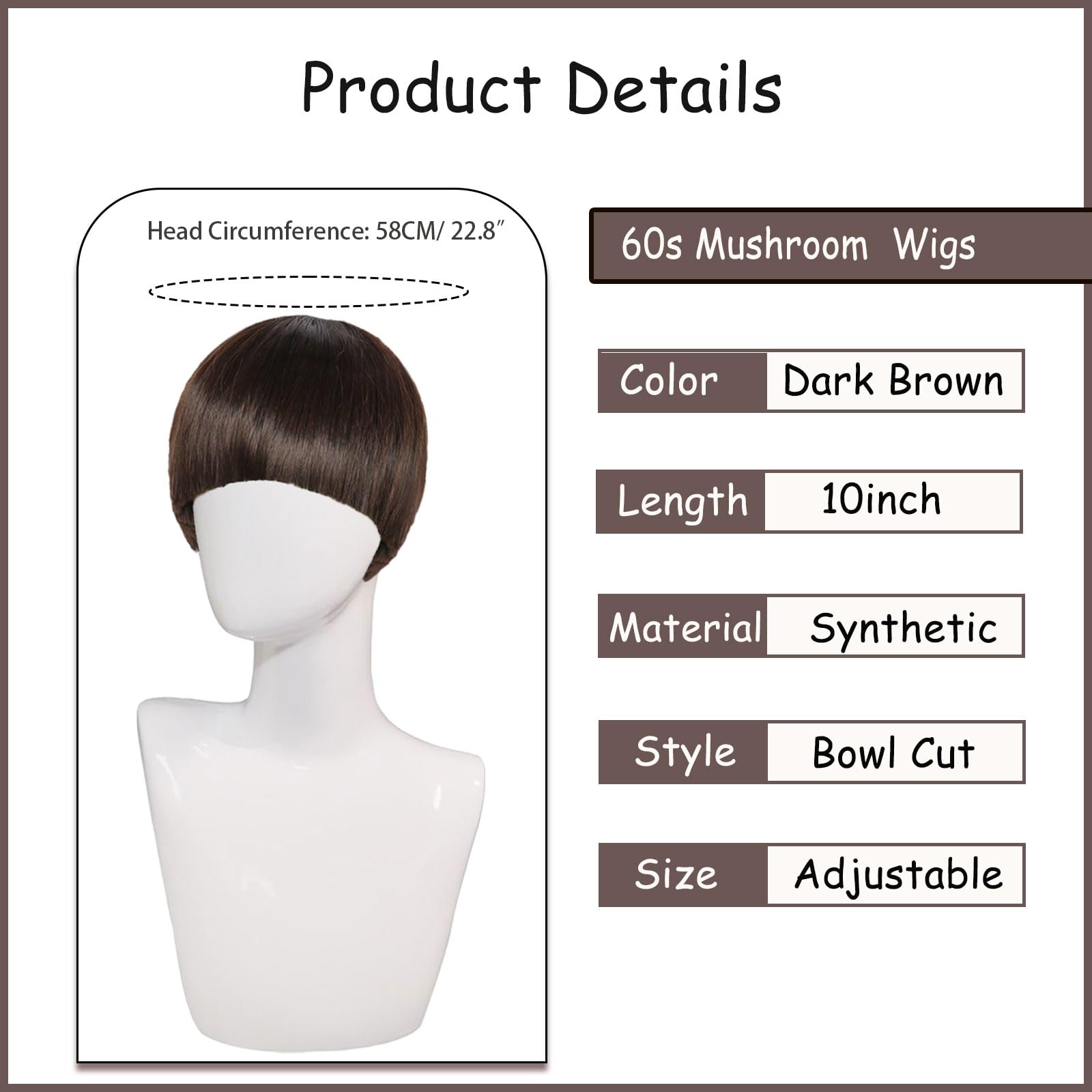 FOUNSHO Short Brown Bob Wig with Band for Men Women Short Mushroom Wig Funny Nerd Hairs Bowl Cut Hairstyle - Image 2