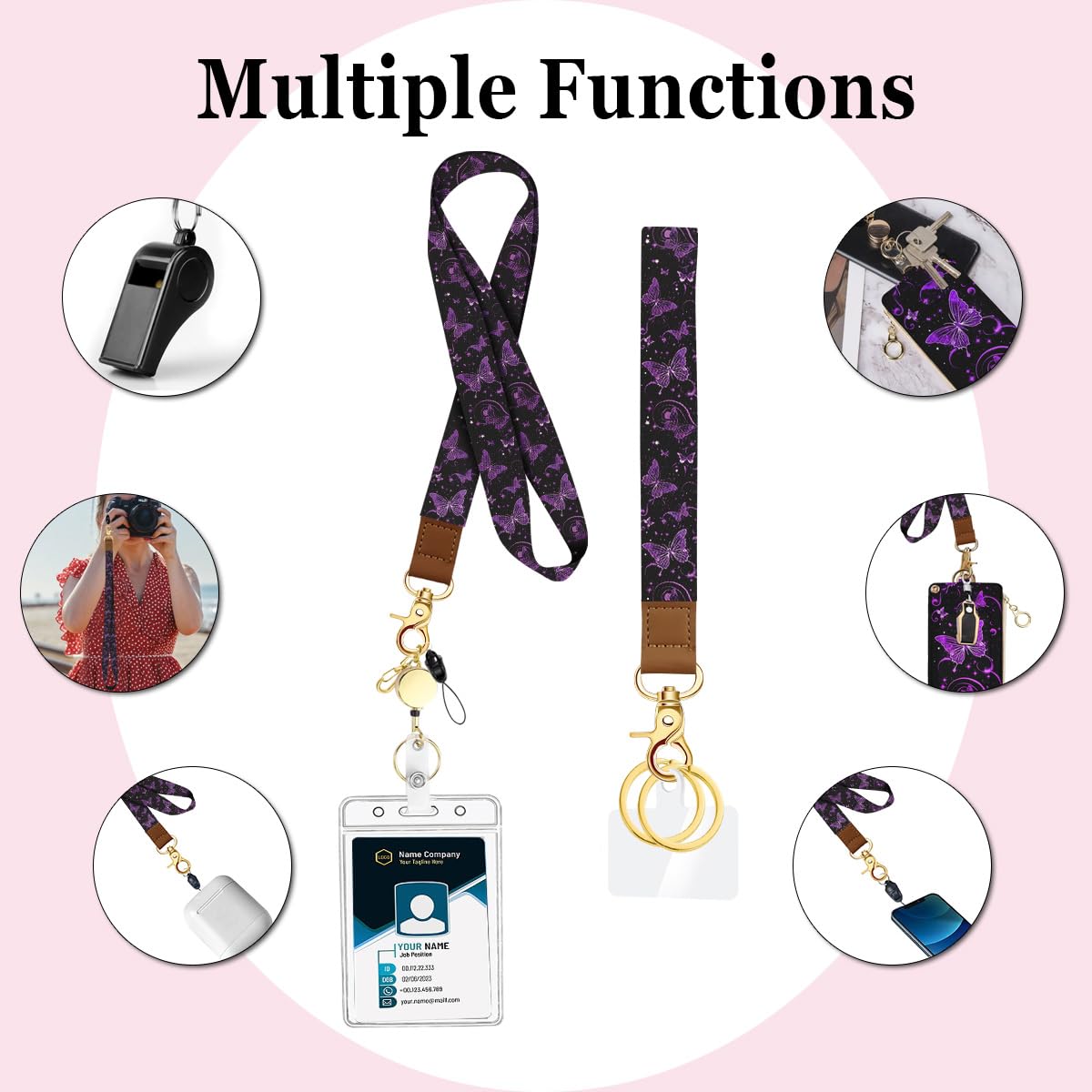 bolimoss Purple Butterfly Lanyard for ID Badge Cute Wrist and Neck Lanyards for Women Teacher Car Key Lanyards with Metal Carabiner Retractable Reel - Image 4